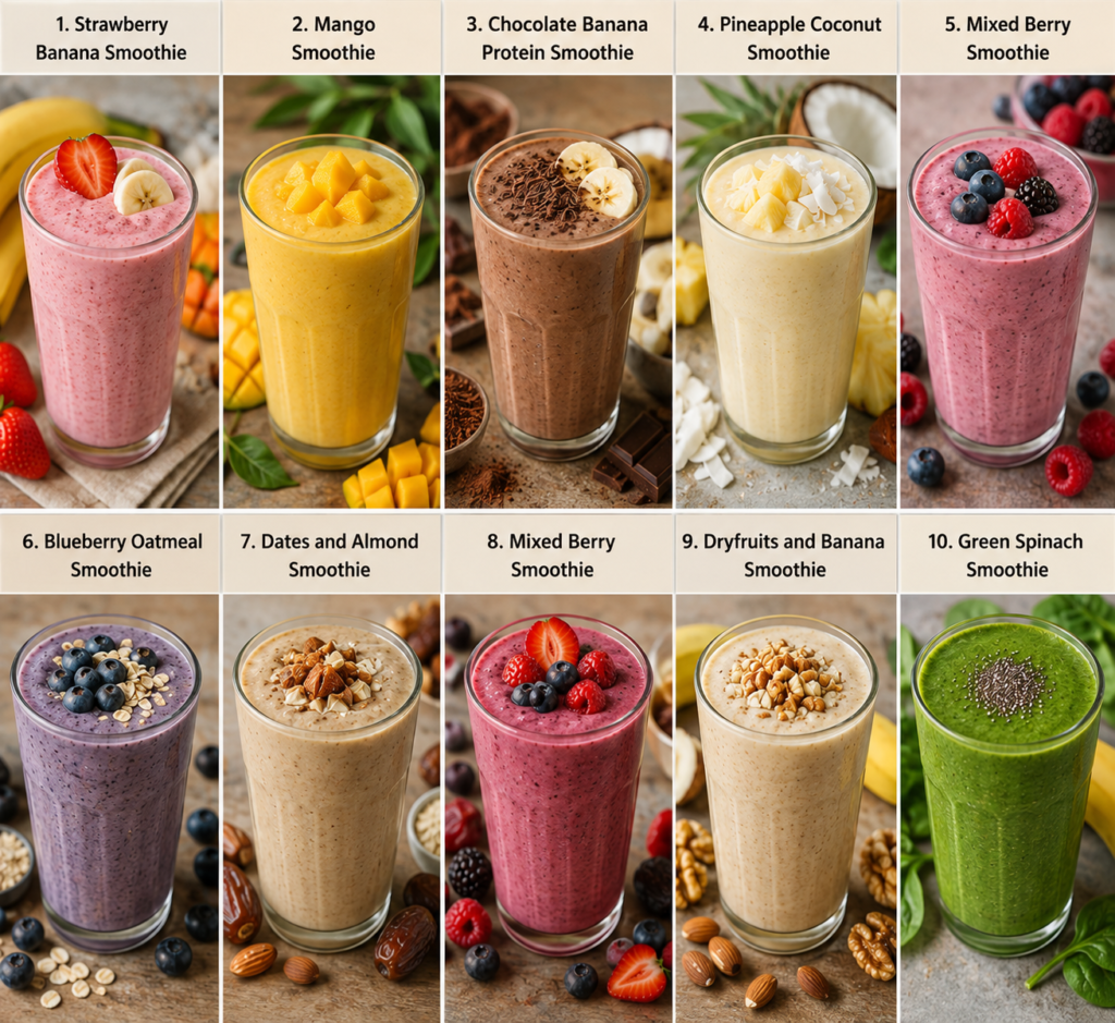 10 healthy breakfast smoothies in colourful glasses