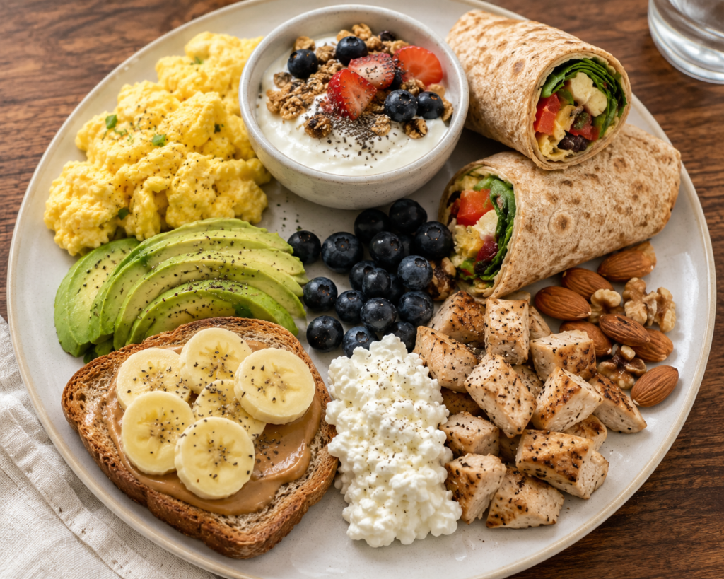 Healthy Protein breakfast ideas with eggs, avocado toast, yogurt and fruit