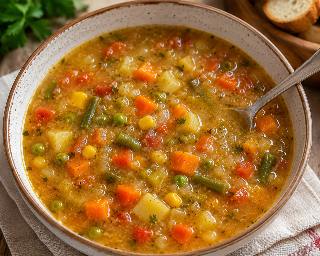 bowl of easy vegetable soup with fresh vegetable