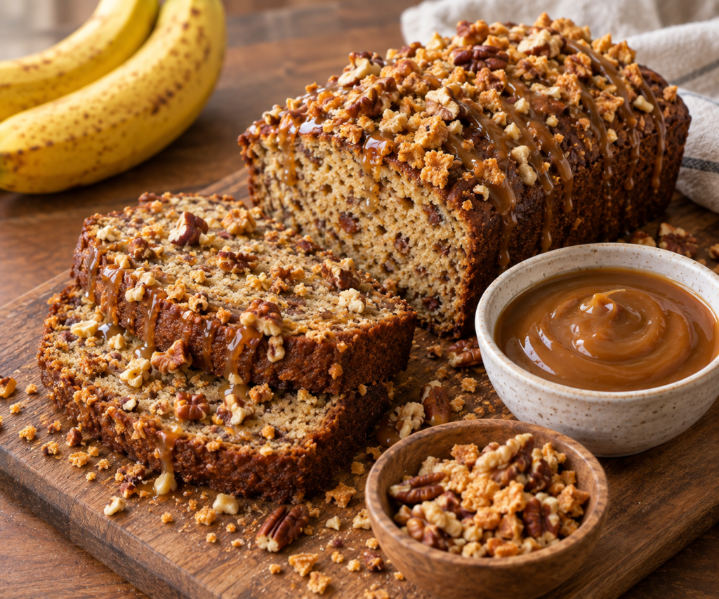 Banana loaf with caramel dip topping with crunchy nuts and dip