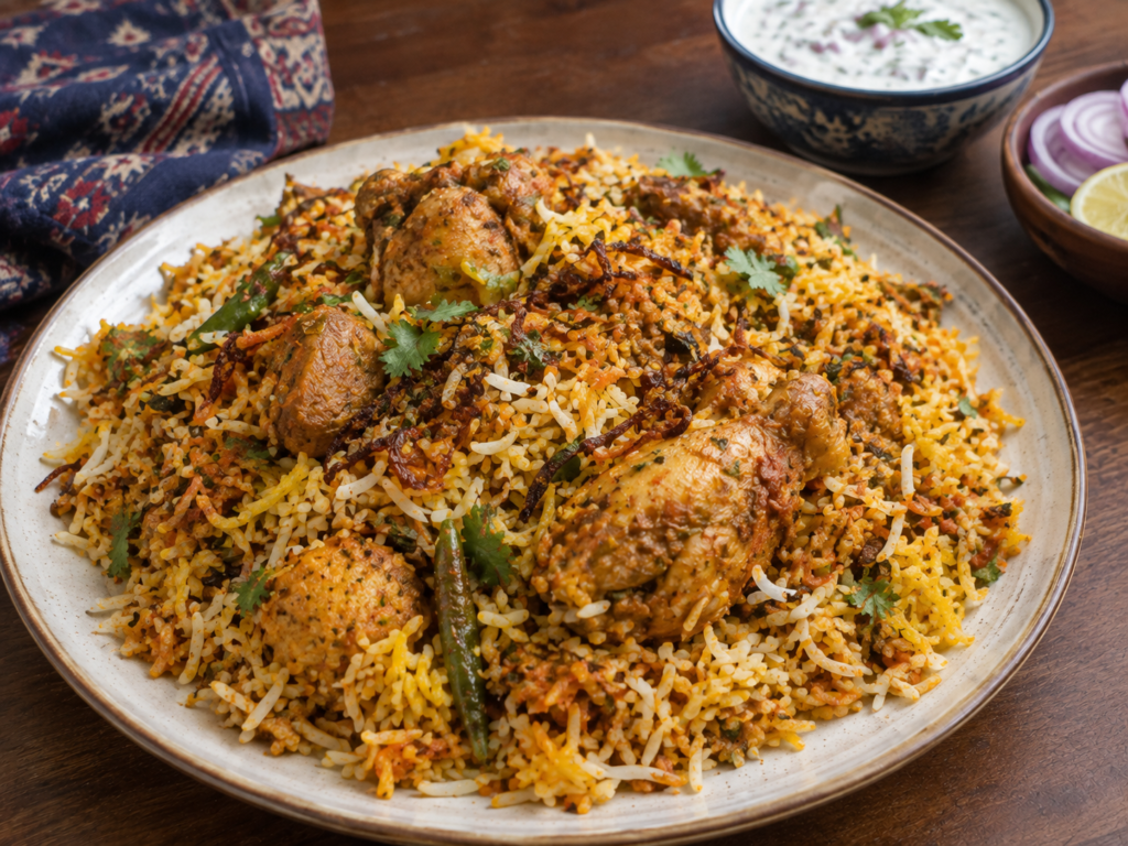 Sindhi Biryani with tender chicken, fragrant basmti rice and aromora of fresh spices ,garnish with fried onion & mint leaves.