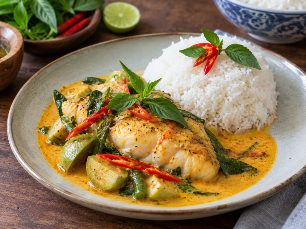 Thai Coconut Curry Fish with creamy sauce serverd with jasmine rice