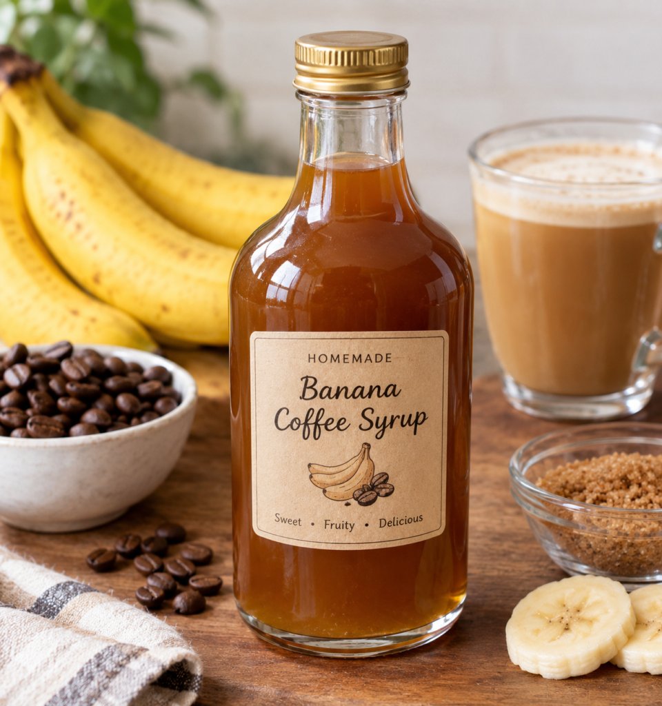 Homemade banana coffee syrup for fall season and cozy lattee