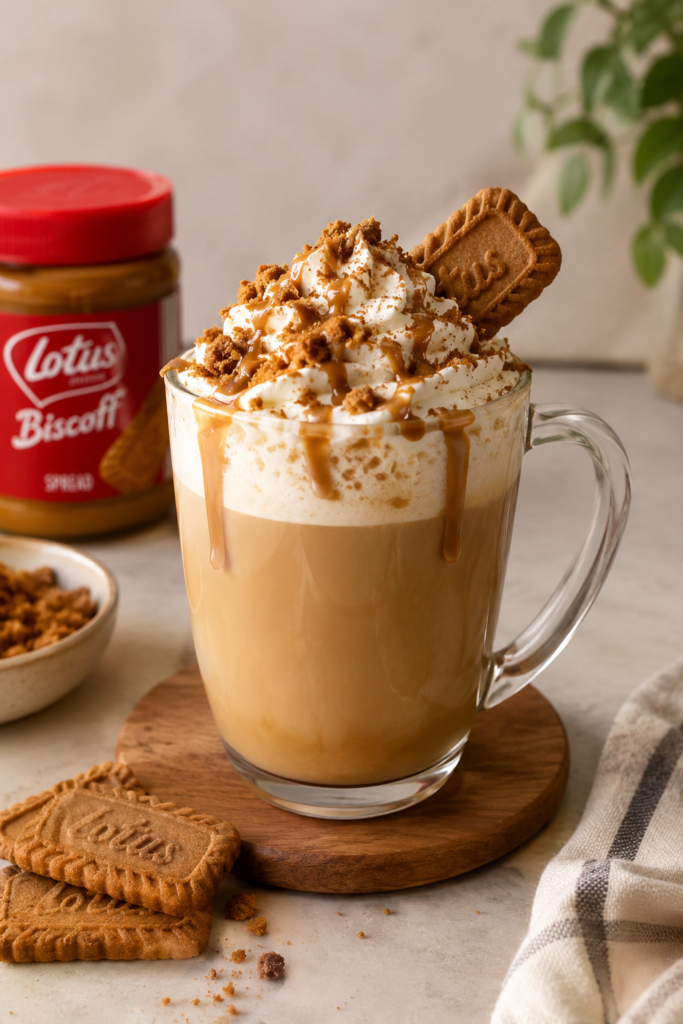 5 minutes Biscoff latte recipe toped with cream and crunchy biscoff
