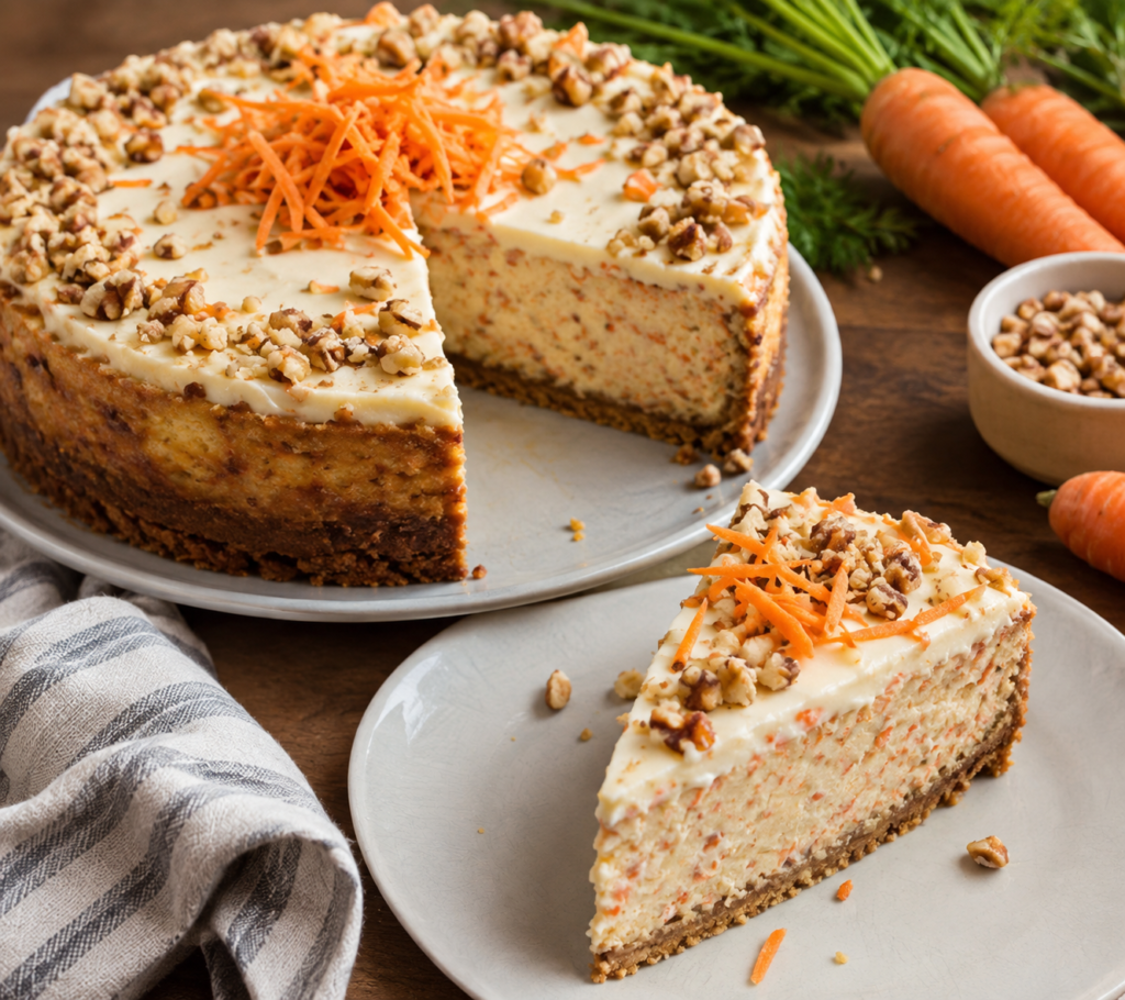 Carrot cheesecake recipe with creamy, buttery crust ,creammcheese filling and toping with nuts and carrots