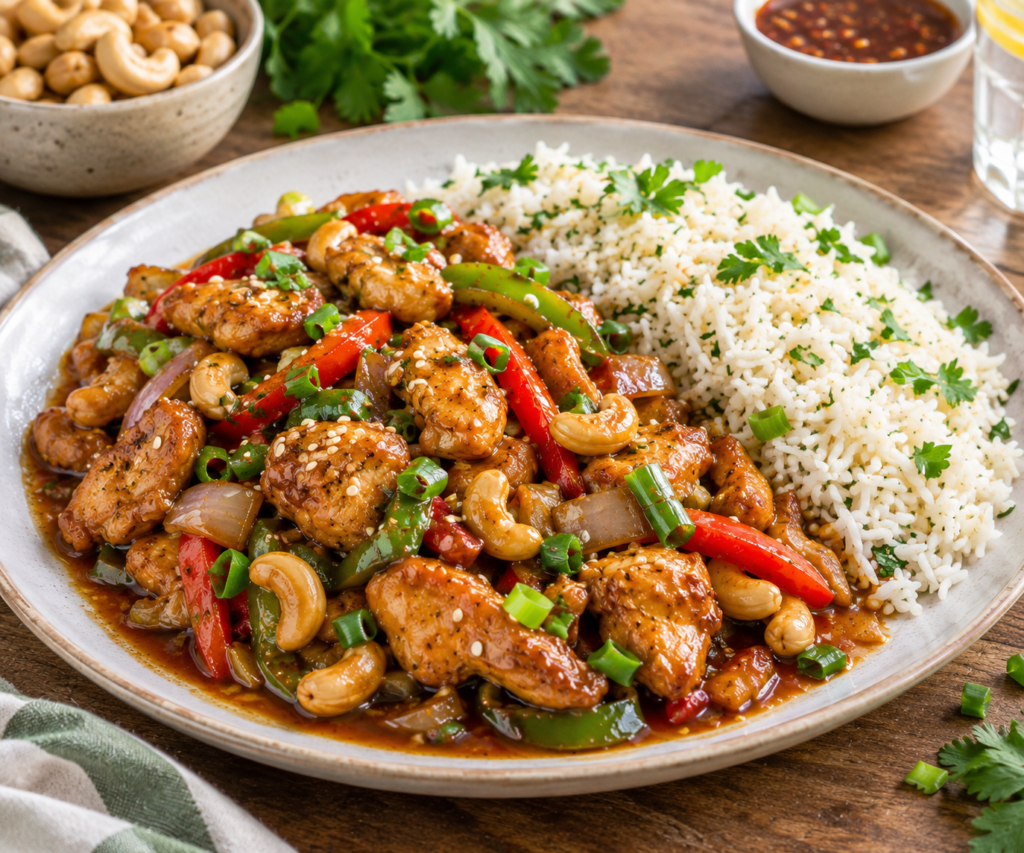 cashew chicken & garlic rice ,chicken,cashew,vegetables, sweet and savory suce ,a full packed meal