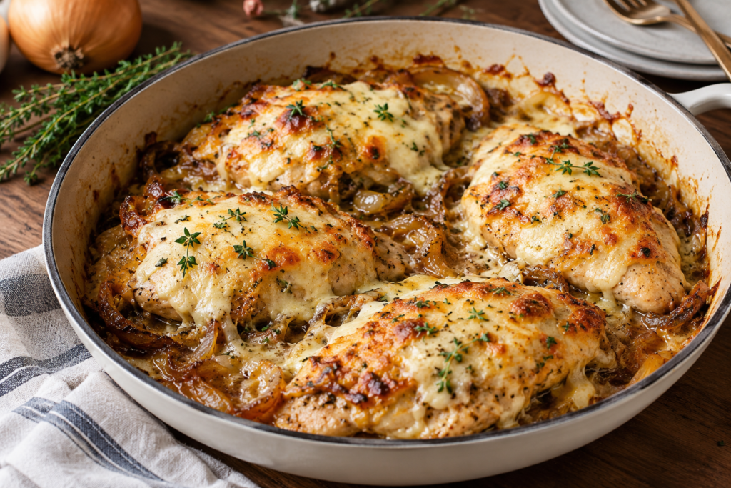 French Onion Chicken Bake features juicy , caramelized onion ,and melted cheese