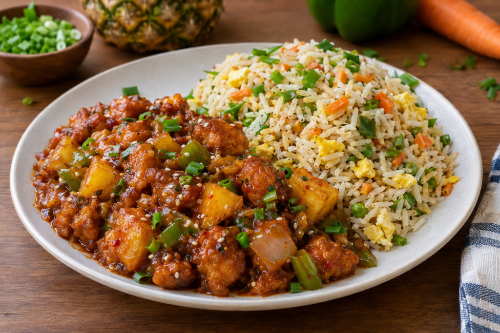 Chicken pineapple manchurian with egg fried rice sweet and savory tangy taste with chicken and vegetables ,chines sauce a chines fusion taste
