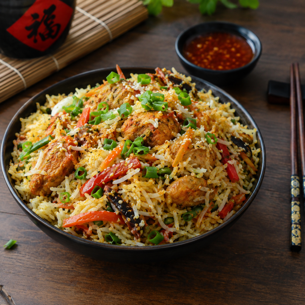 Special Chines style biryani made with chicken,vegetables ,noodles and sauce and spices aromatice mild taste
