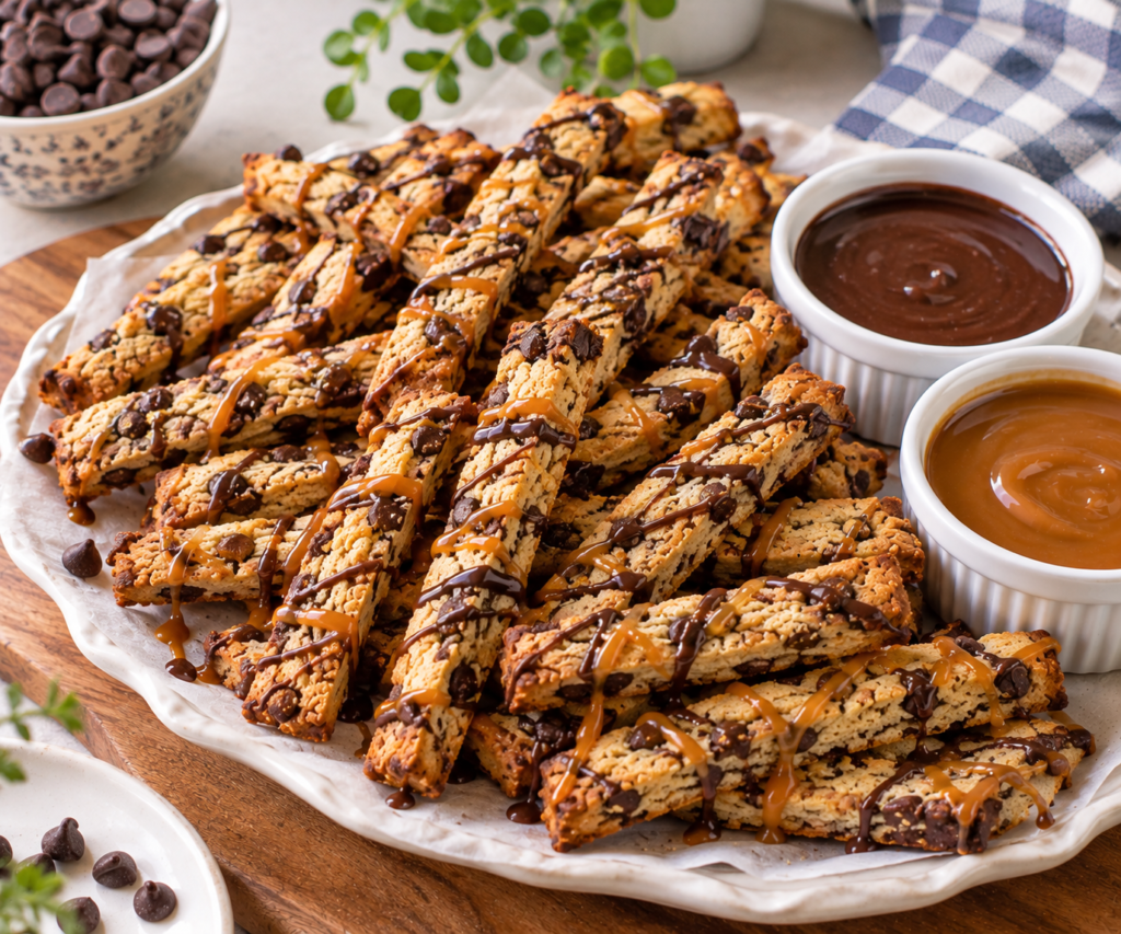 Chocolate chip cookie fries ,crunchy,soft and ghooey along with dippong and drizzle sauces as well