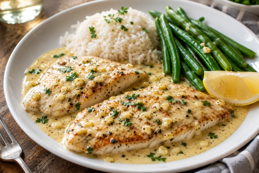 Creamy Garlic Butter Fish with sides ,easy & delicious dinner