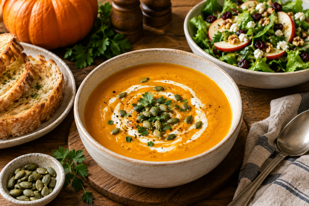 Creamy pumpkin soup recipe made with pumpkin,cream ,spices and garnish with seeds and cream