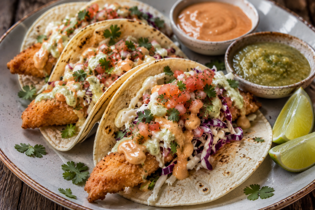 Crispy Fish Tacos Recipe with golden,crunchy fish,fresh toppings,warm tortillas and a creamy taco sauce
