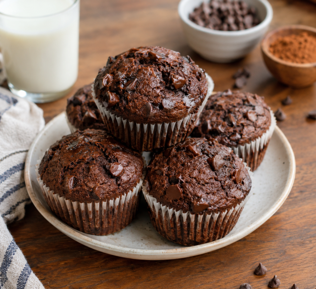 Double chocolate muffins los of chocolate and chocolate chips on top as well soft, moist and delicious