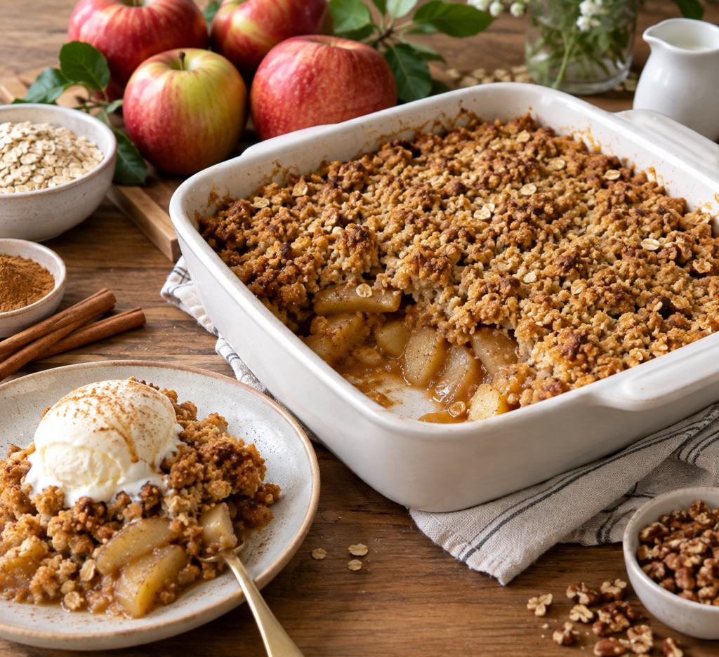 Easy apple cinnamon crumble for fall cruncy,soft and ghuee inside ,serve with icecream & coffee as well