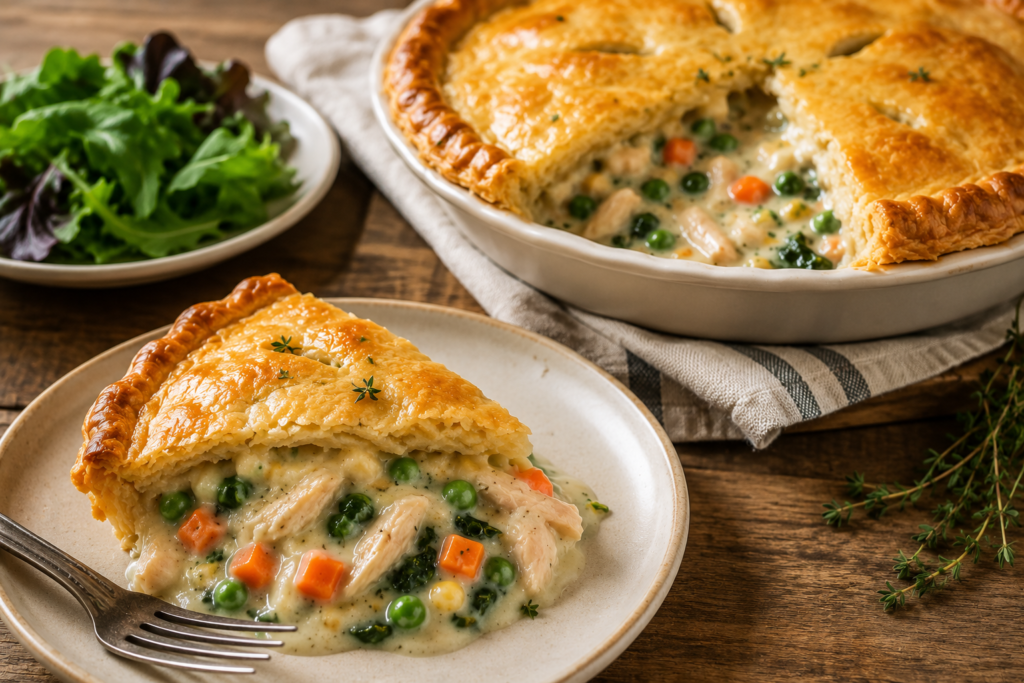 Easy Chicken Pot pie recipe with creamy chicken and vegetable filling, golden flaky crust
