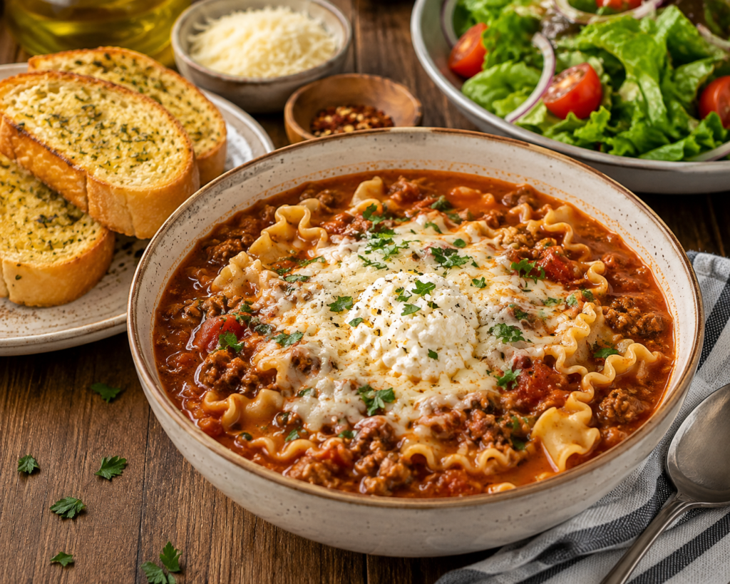 Easy Lasagna Soup recipe creamy, delicious, and cheese garnish with toasted bread