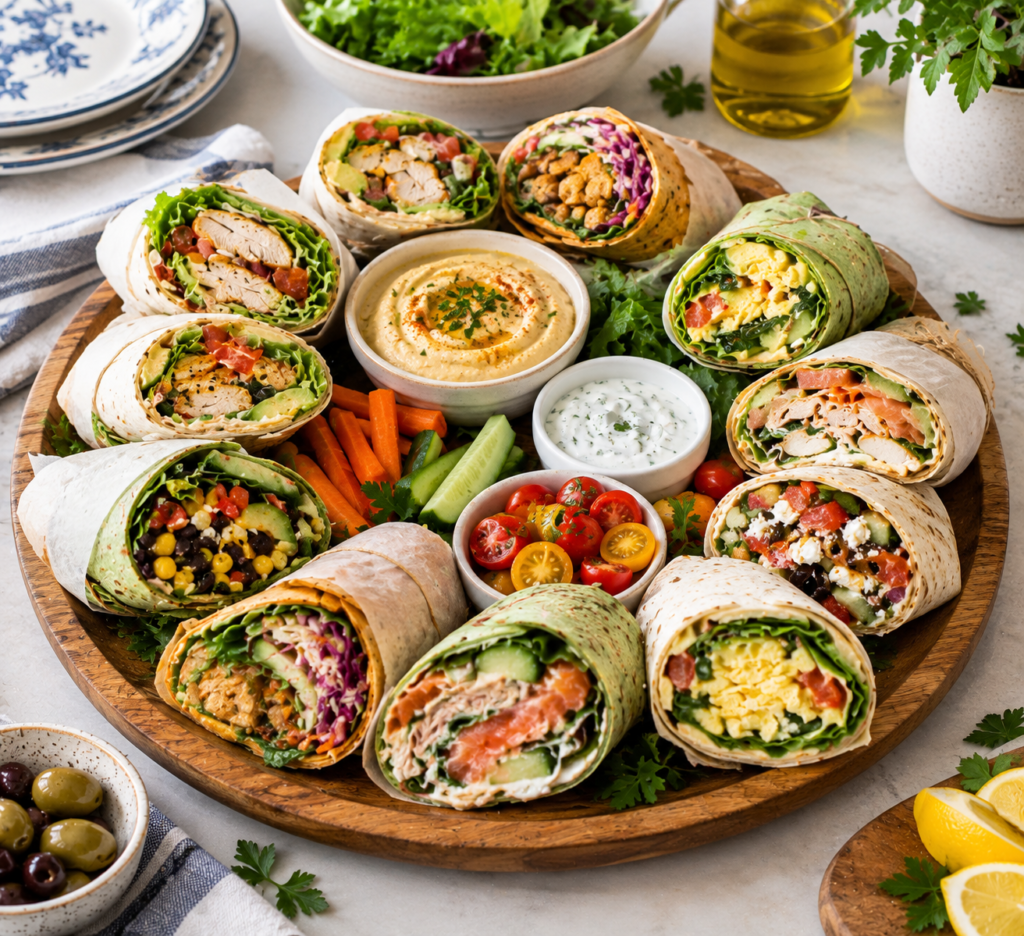 Healthy wrap ideas, different filling, chicken,vegies, turkey and much more