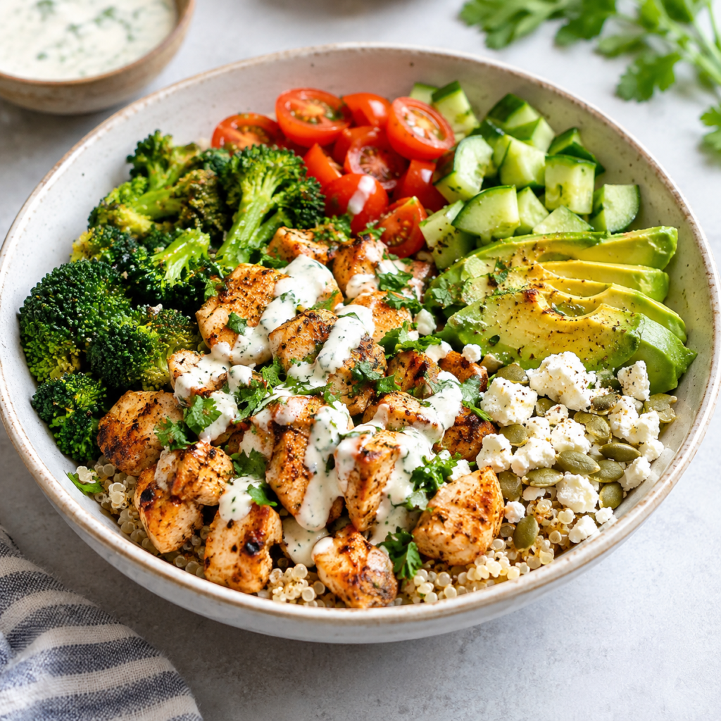 High-protein chicken bowl with chicken, vegies, yogurt sauce a full packed meal