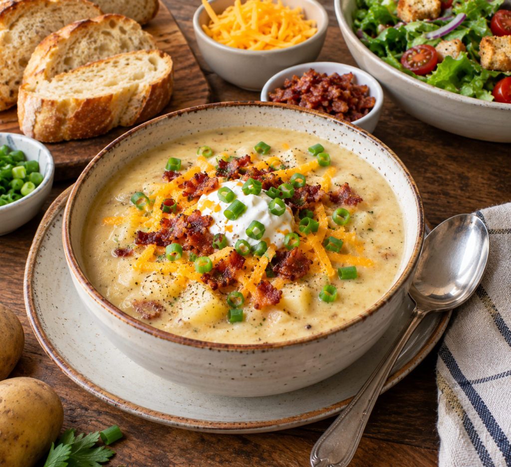 Loaded baked potato soup delicious & tasty garnish with crispy beacon,chadder cheese and sour cream