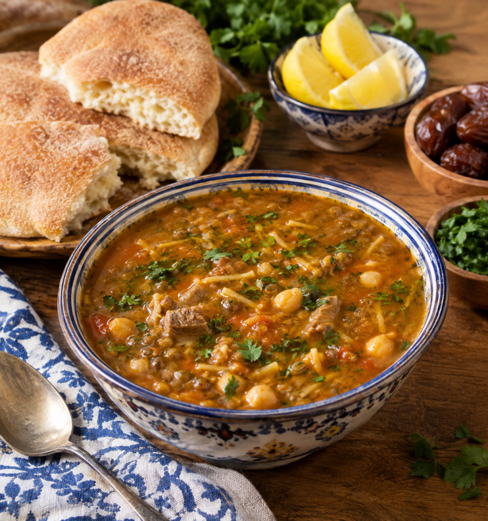 Moroccan Harira Soup Recipe homemade soup eith lentil, chickpeas,tomatoes and warm spices