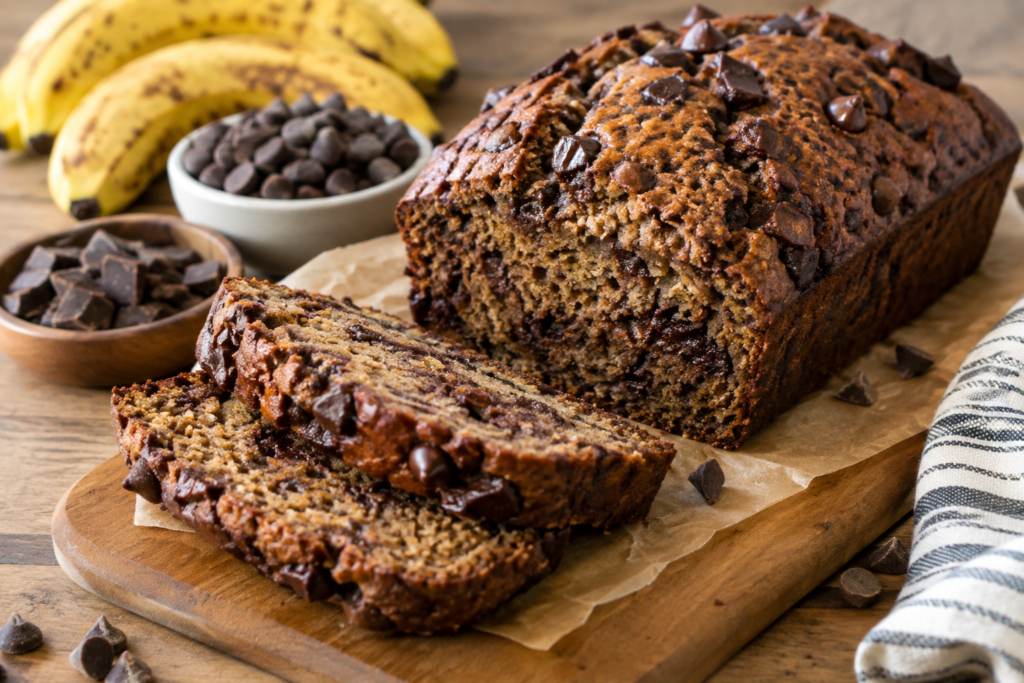 Triple Chocolate Banana Bread , soft & moist toping with lots of chocolate chips