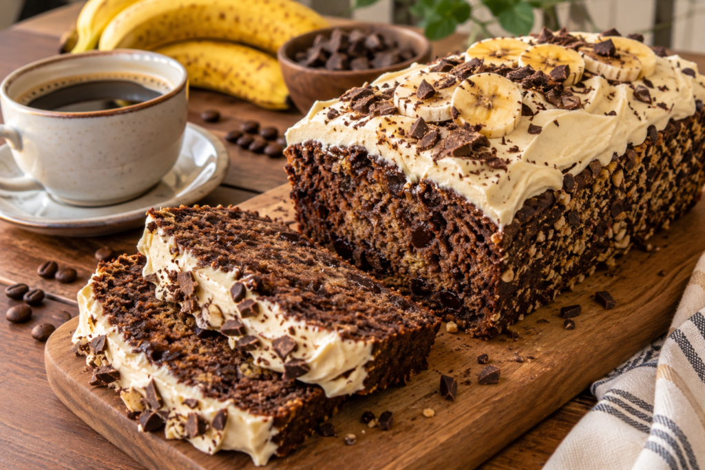 Triple Chocolate Banana Bread soft, moist ,and lots of chocolate and cream toping