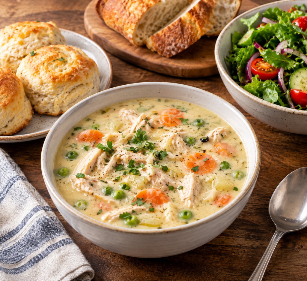 Creamy chicken pot-pie soup,chicken,veggies,cream for fall season favorite