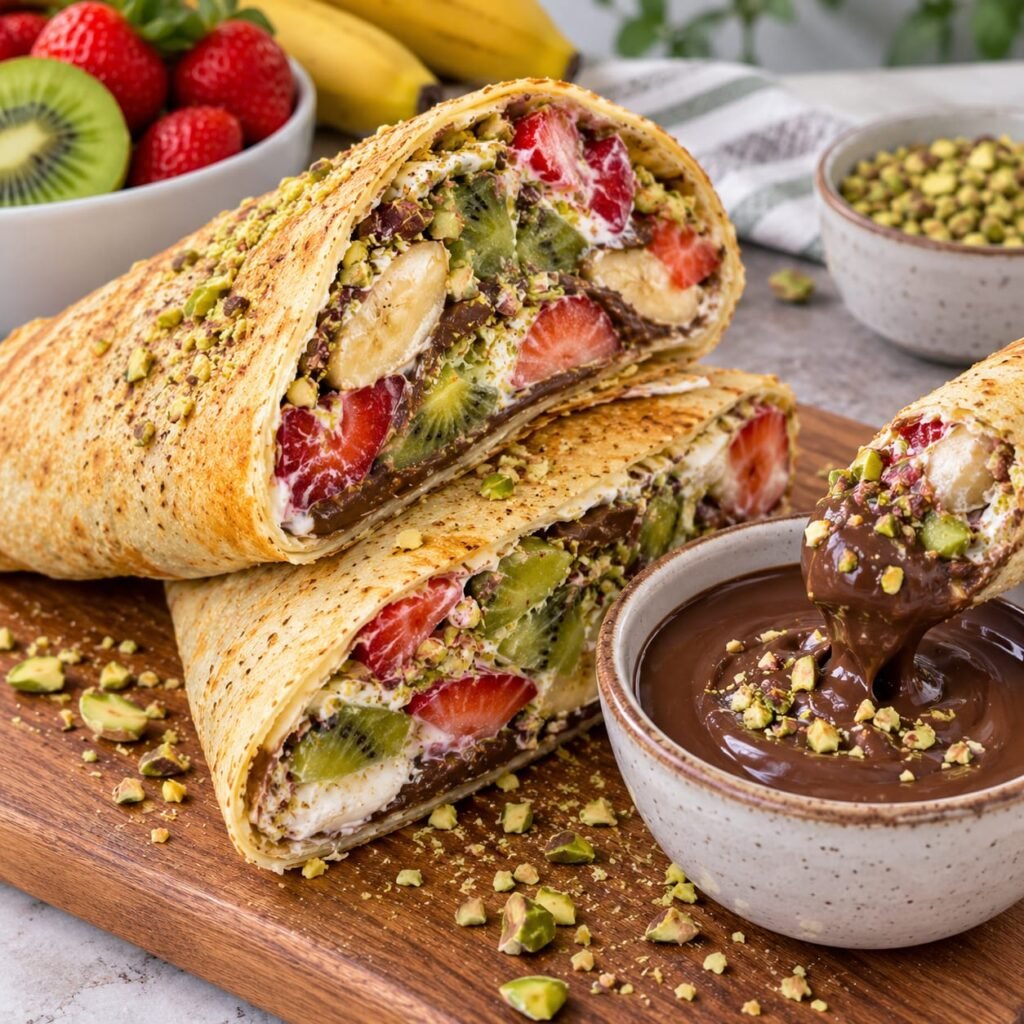 fruit dessert wrap recipe homemade thin wrap filling with cream ,fruits served with chocolate dip and garnish with nuts