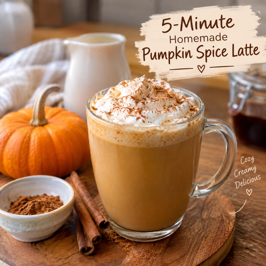 homemade pumpkin spice latte made with expresso,maple syrup, with creamy topping